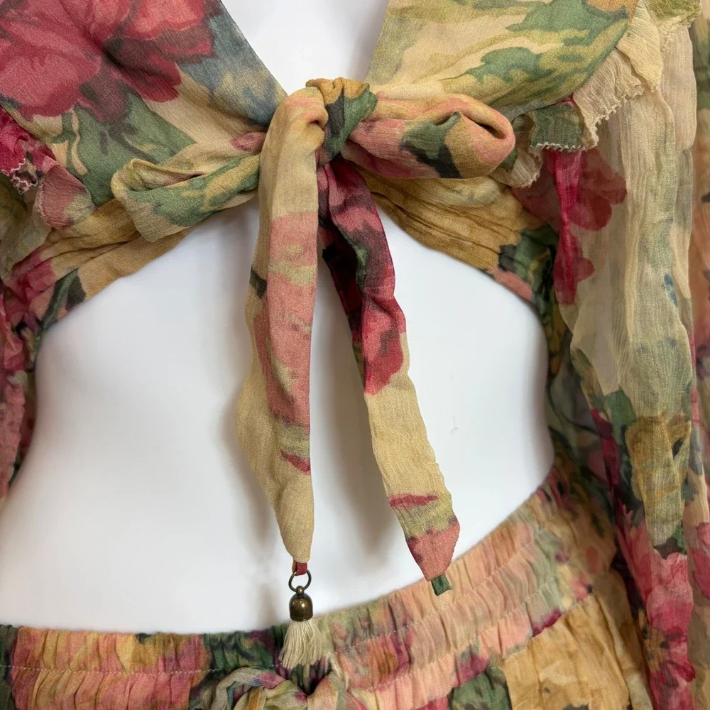 Zimmermann Melody Silk Two Piece Set Crop Tie Top Wide Leg Pants Size 2 Boho